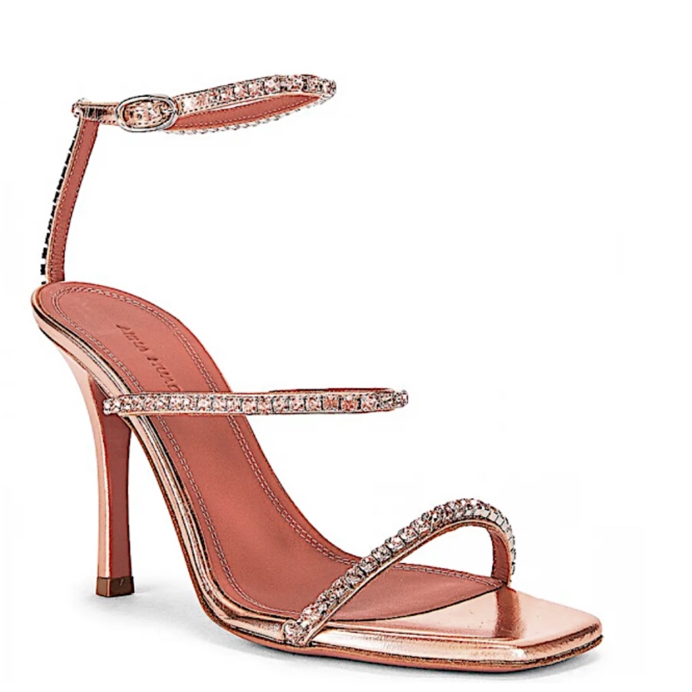 Amina Muaddi gold/pink leather sandals with gold crystals